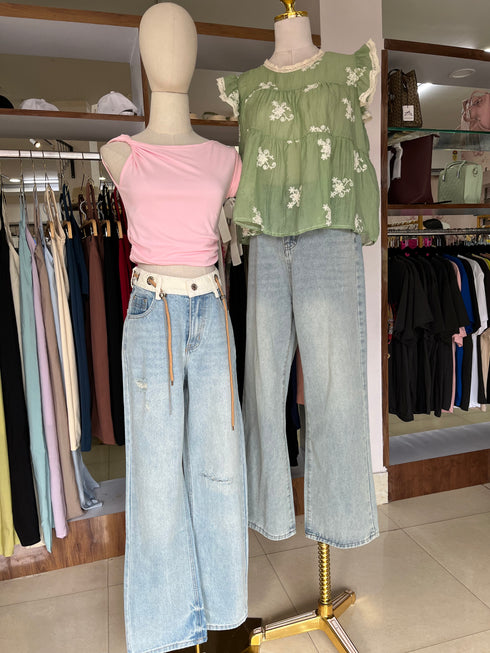 Women Rib Drawn-String Wide Leg Jeans